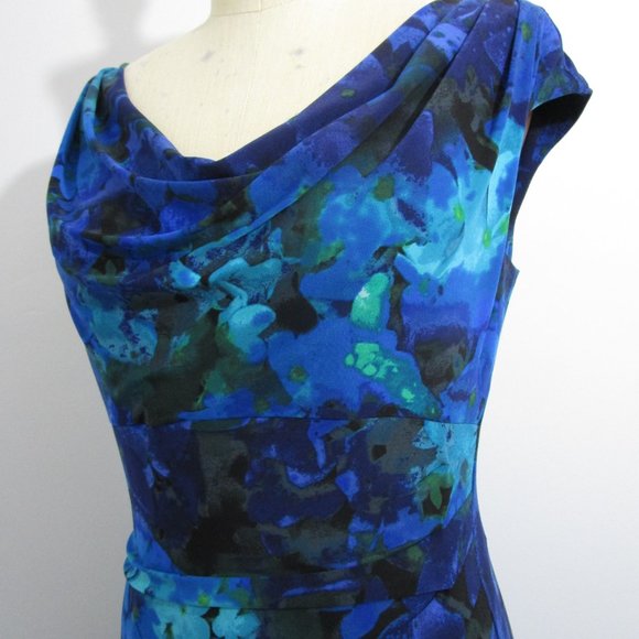 sz10 Cowl Knit Dress Bodycon Shirring Floral Blue - Picture 4 of 11